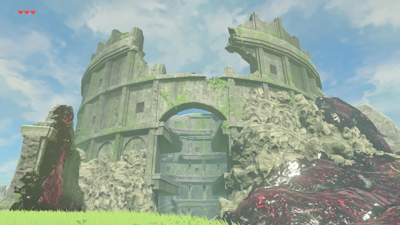 The Coliseum Ruins in Breath of the Wild, a crumbling circular stone arena in Central Hyrule with Malice smeared across its outer walls.