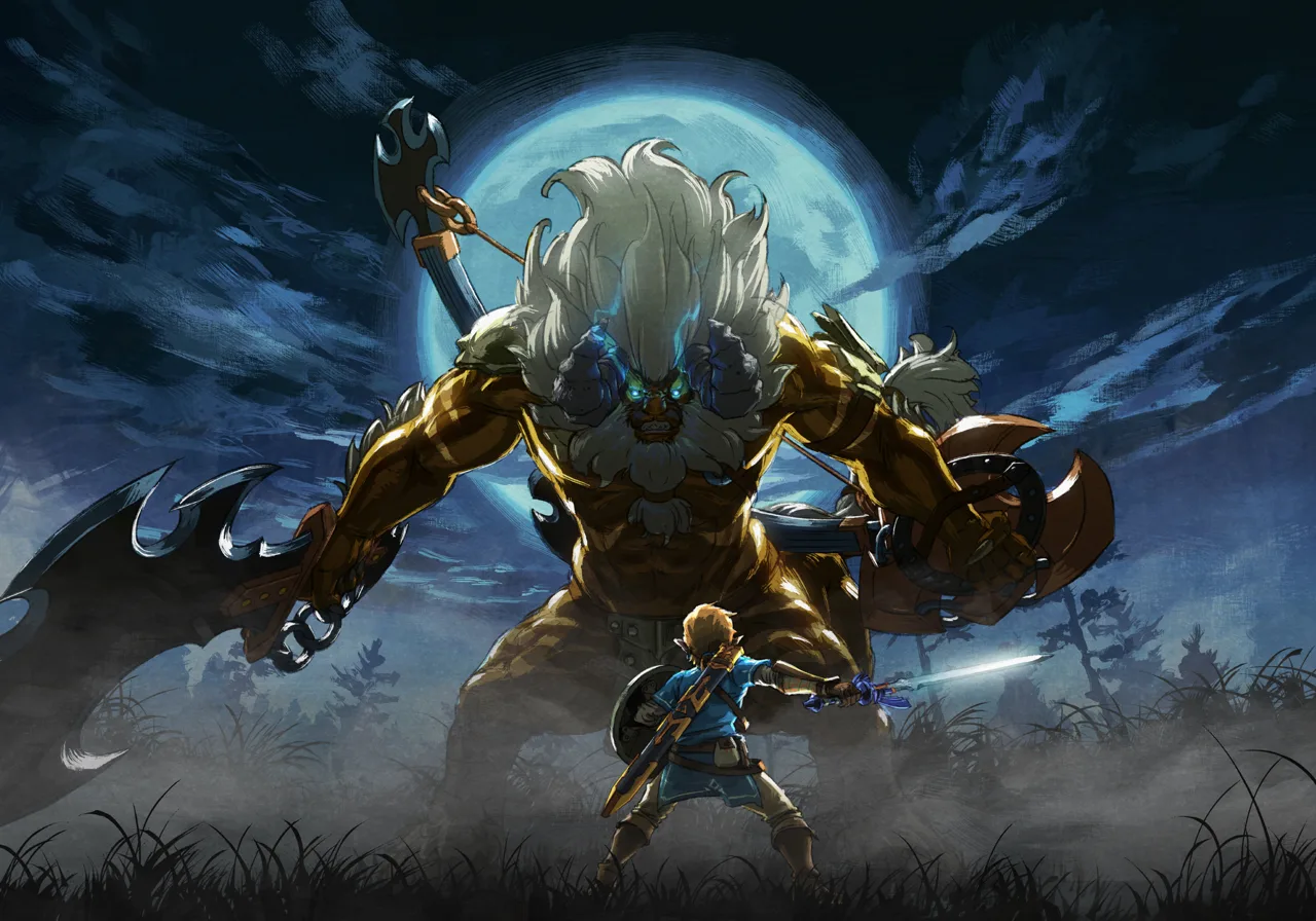 Official Breath of the Wild artwork of a Lynel rearing up with its sword and shield raised, mane flared, as Link charges toward it.