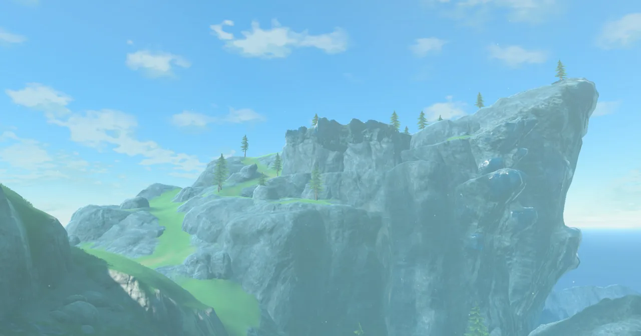 Ploymus Mountain in Breath of the Wild, a rocky green peak in the Lanayru Great Spring overlooking East Reservoir Lake under heavy rain.