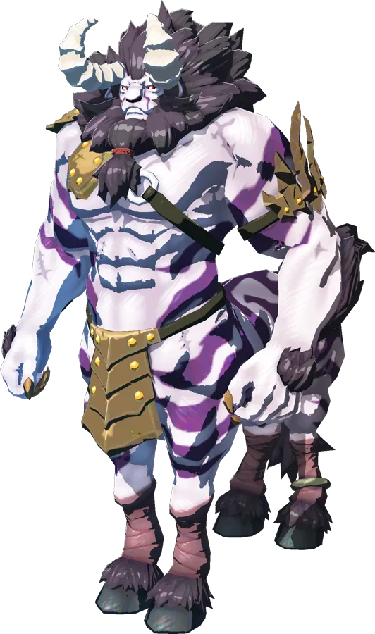 In-game model of a Silver Lynel from Breath of the Wild, a black-furred centaur monster with a silver-white mane, purple stripes, and curled horns.