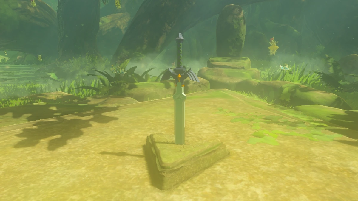 The Master Sword standing upright in its stone pedestal in the misty Korok Forest, with Koroks floating among the rocks and ferns behind it.