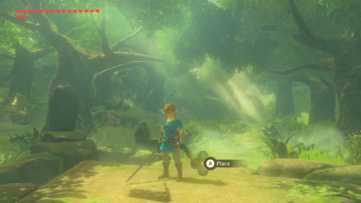 Link standing on the Master Sword pedestal in the Korok Forest with the on-screen prompt to place the sword back, which begins the Trial of the Sword.