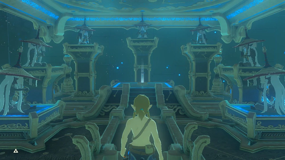 Link facing the seven monks who prepared the Trial of the Sword, standing in a glowing blue shrine chamber at the end of the Final Trials.