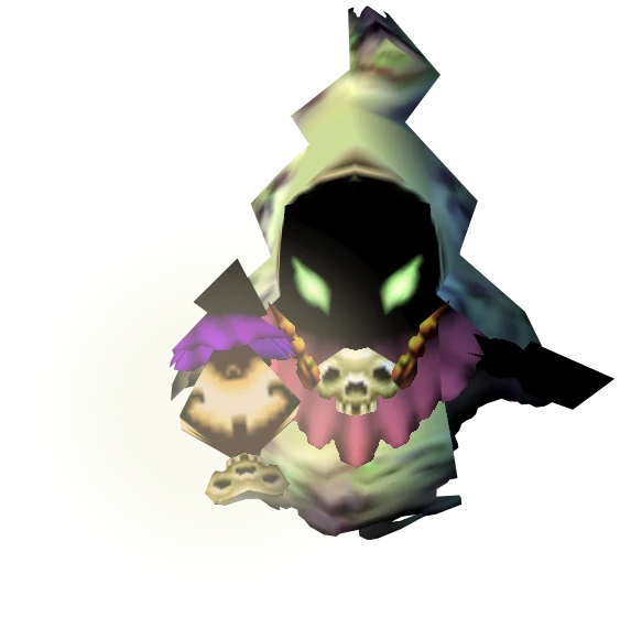The Big Poe enemy model from Ocarina of Time: a hooded ghost with glowing green slit eyes and a skull-beaded necklace, carrying a lantern with a purple flame.