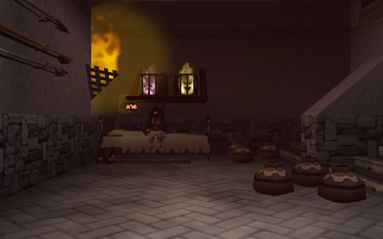 The Ghost Shop interior in Ocarina of Time: the hooded Poe Collector sitting on a bed beneath a wooden rack holding two caged Poe souls, one purple and one yellow, with spears mounted on the left wall and clay pots stacked on the right.
