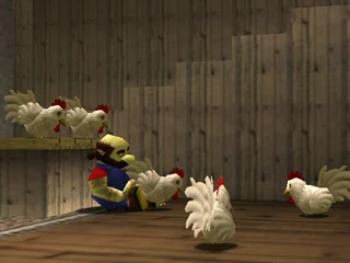 Talon's house interior at Lon Lon Ranch in Ocarina of Time, with Talon standing among five white Cuccos, two of them perched on a wooden rail behind him.