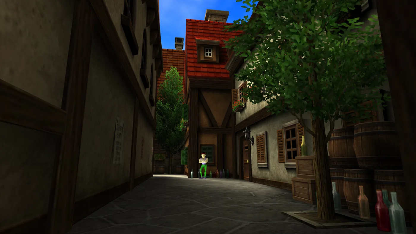 The Back Alley of Hyrule Castle Town in Ocarina of Time 3D by day: a narrow paved lane between shuttered, half-timbered houses, a man in a red cap and green trousers leaning against a house at the far end beside a row of bottles, with barrels, crates and a tree on the right.