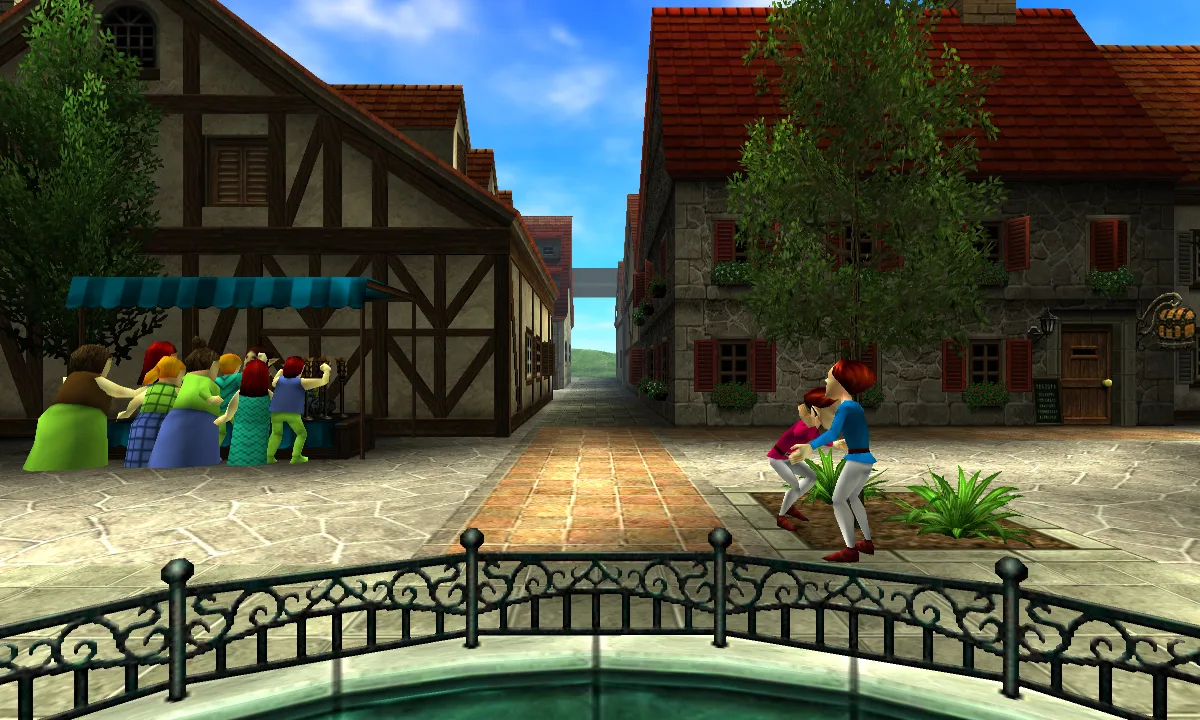 Hyrule Castle Town Market by day in Ocarina of Time 3D, seen from behind the fountain's iron railing: a crowd of townsfolk at a stall with a blue awning beside a half-timbered house on the left, a red-haired couple dancing by a planter on the right, and a paved street running between tiled-roof houses toward green hills.