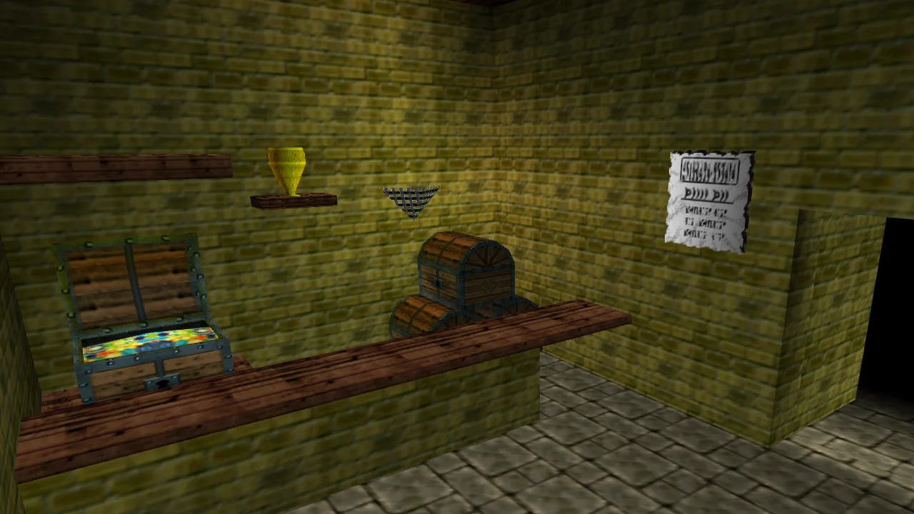 The entrance room of the Treasure Chest Game in the N64 Ocarina of Time: a wooden counter in a yellow-brick room, an open chest full of colourful treasure on the left, a stack of closed chests behind the counter, a gold goblet on a shelf and a paper notice on the wall beside a dark doorway.