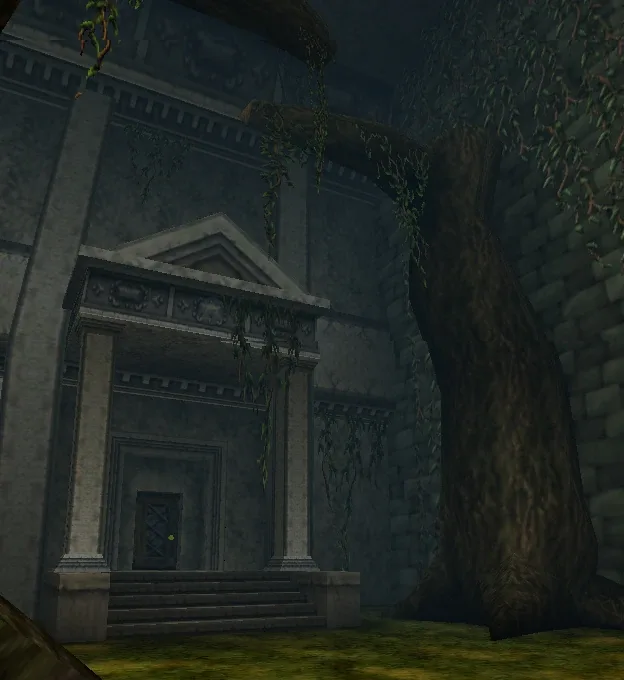 The exterior of the Forest Temple in the Sacred Forest Meadow, the first adult dungeon in Ocarina of Time.