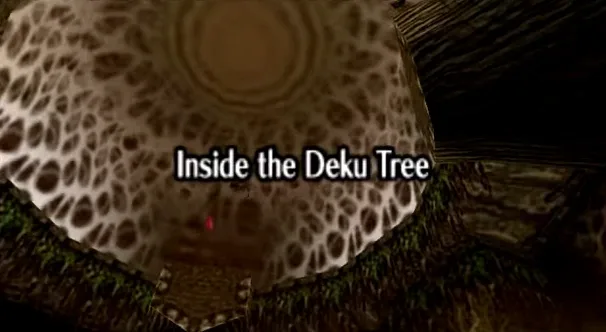 The interior of the Great Deku Tree, the first dungeon in Ocarina of Time, with its central web floor.