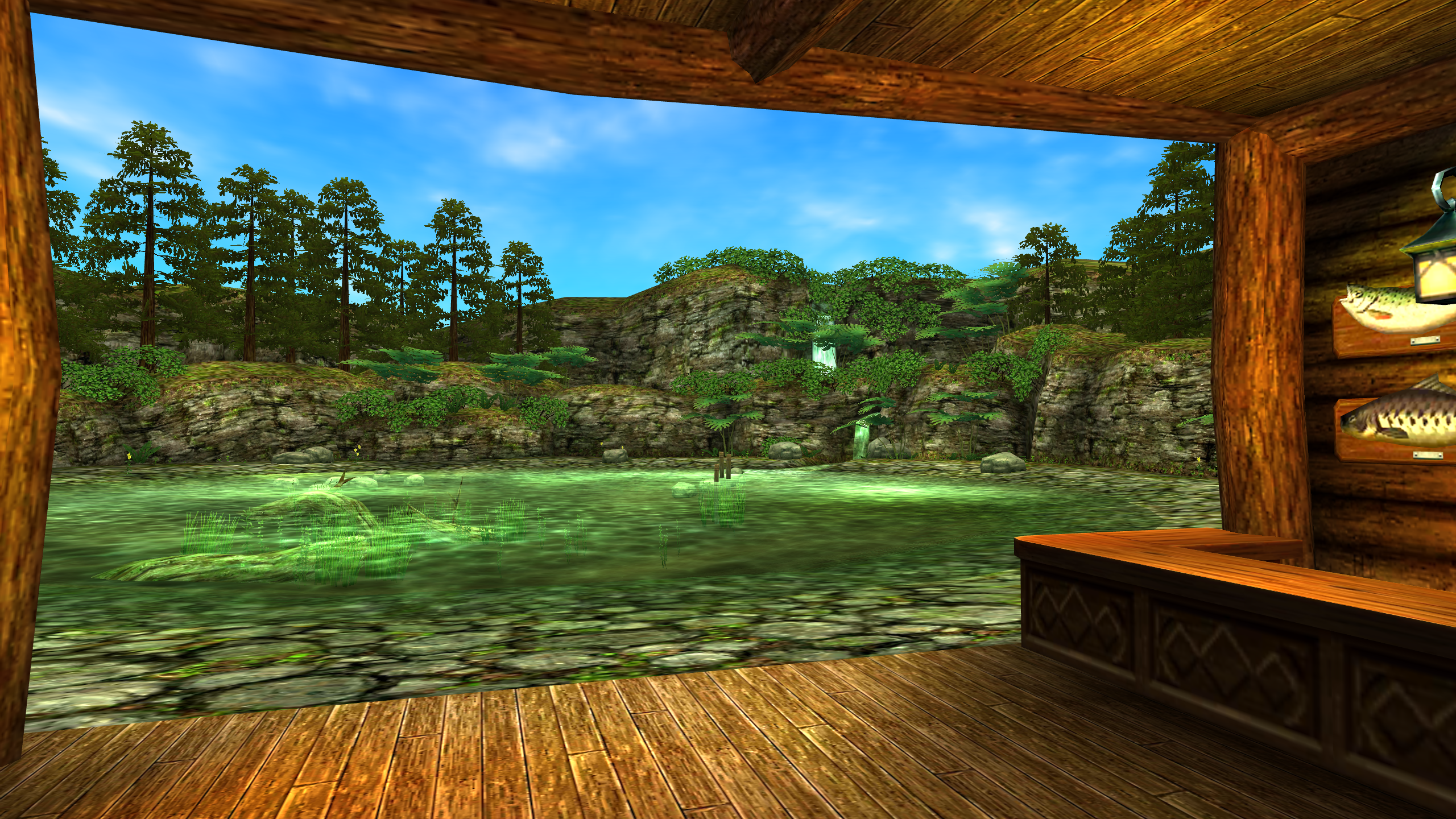 The Ocarina of Time 3D Fishing Pond viewed from inside the owner's log cabin, with mounted fish on the wall and waterfalls behind the redesigned pond.