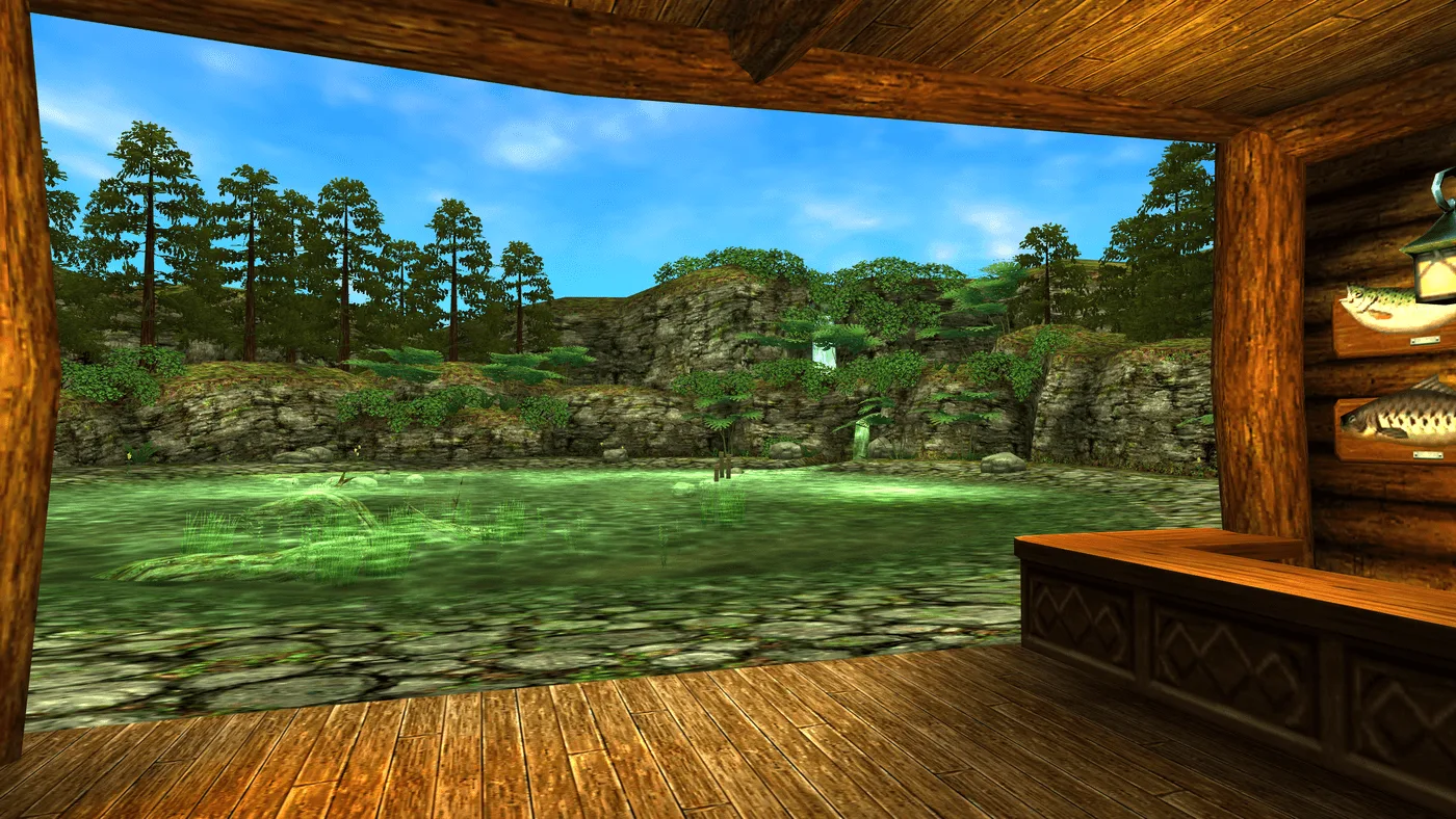 The Ocarina of Time 3D Fishing Pond viewed from inside the owner's log cabin, with mounted fish on the wall and waterfalls behind the redesigned pond.