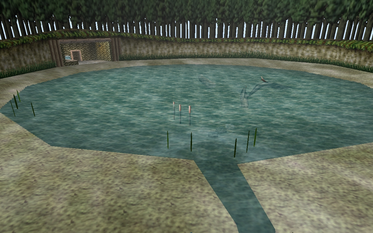 The Fishing Pond in Ocarina of Time on N64 — the circular pond with three wooden poles rising from the middle, reed clusters along the banks, and fish shadows visible under the surface.