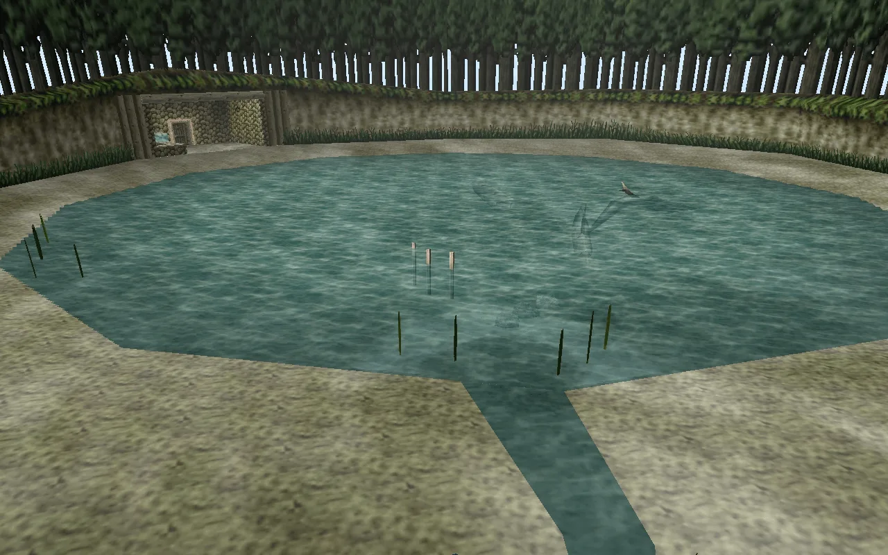 The Fishing Pond in Ocarina of Time on N64 — the circular pond with three wooden poles rising from the middle, reed clusters along the banks, and fish shadows visible under the surface.