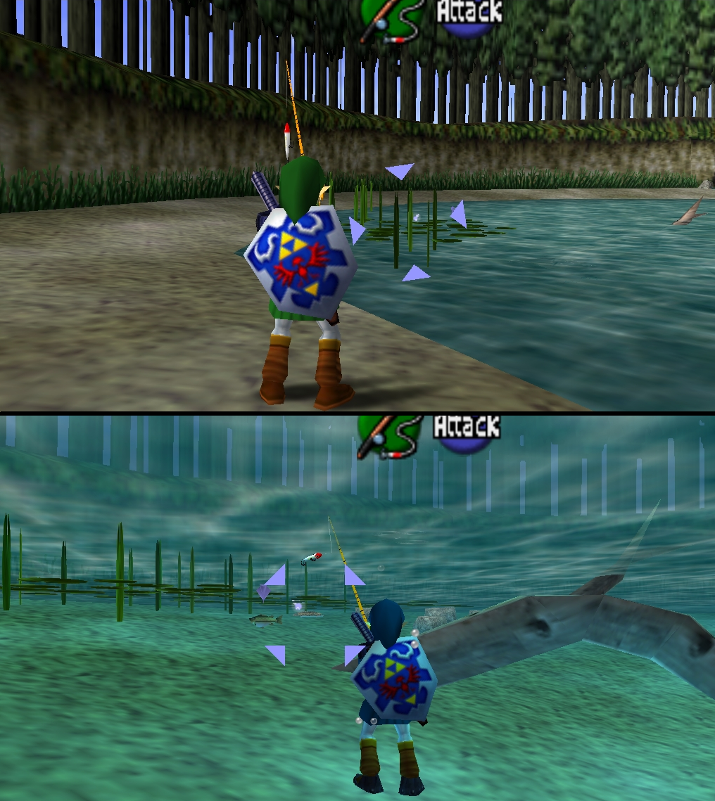 Two views of the Hylian Loach in the Ocarina of Time Fishing Pond: its dorsal fin breaking the surface near the reeds, and the underwater view of the huge Loach swimming beside Link.