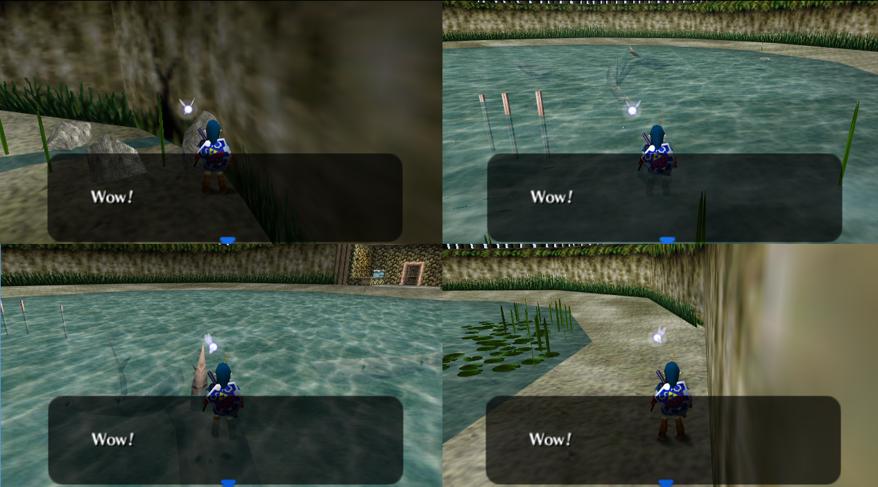 Link finding the Sinking Lure at its four possible spawn points around the Ocarina of Time Fishing Pond, each discovery marked by a surprised reaction.