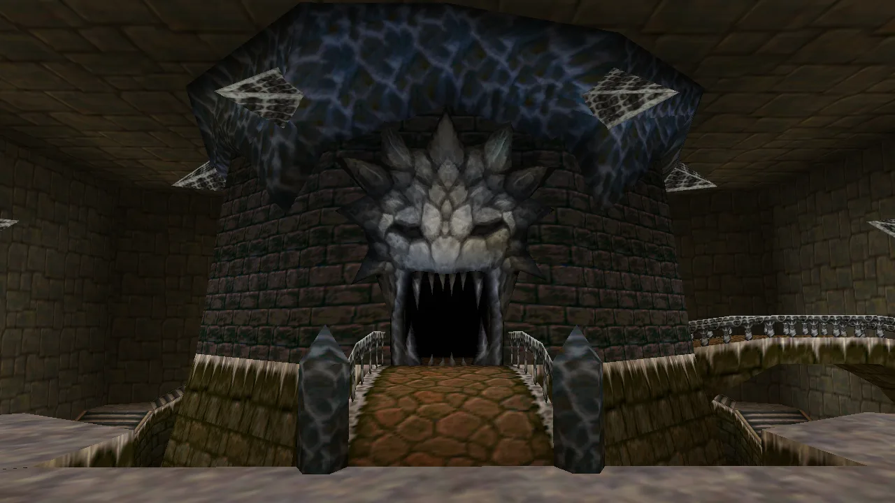 The central chamber inside Ganon's Castle in Ocarina of Time, where six doorways ring the sealed spindle leading up to Ganon's Tower.