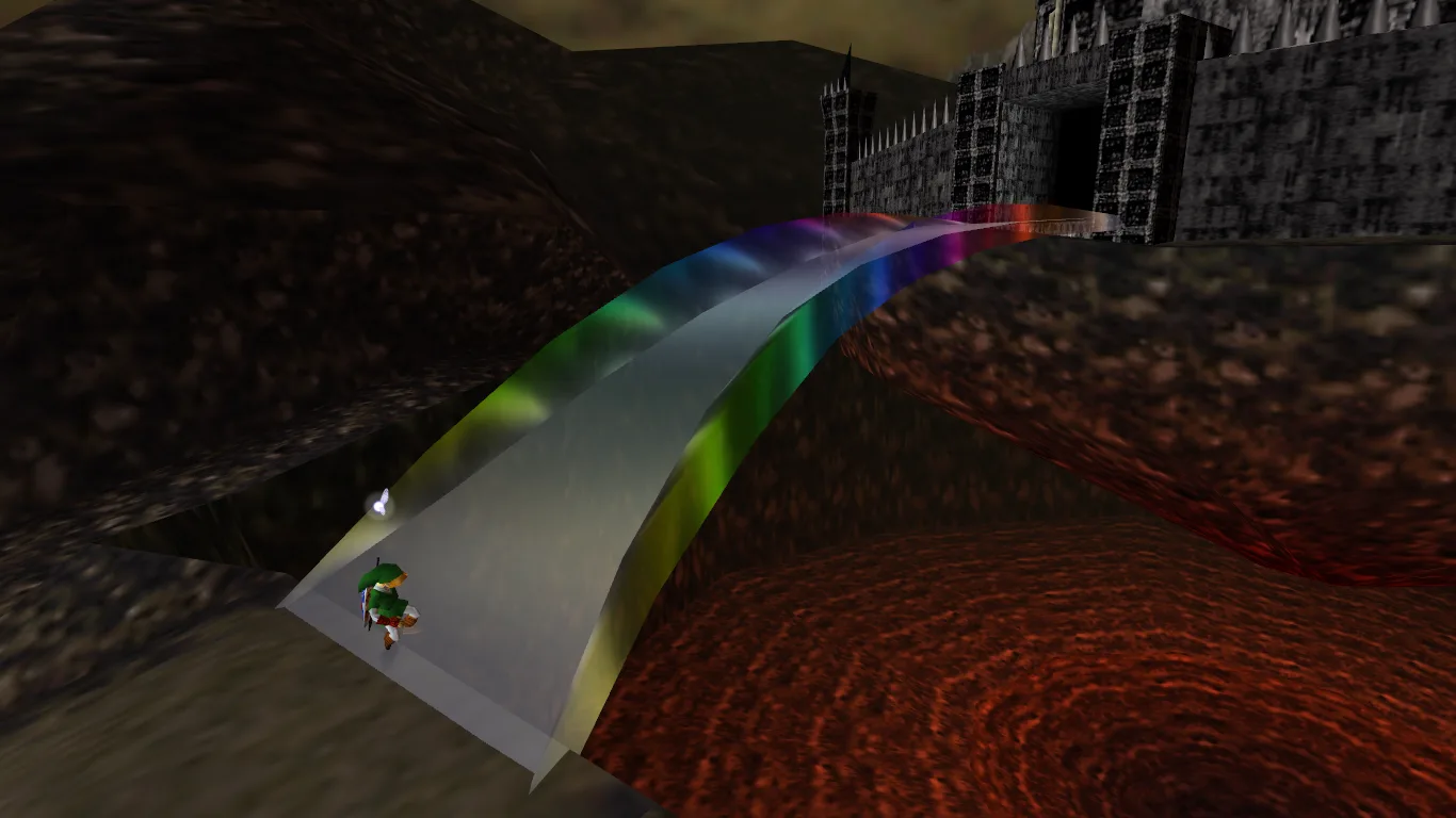 The Rainbow Bridge conjured by the six Sages in Ocarina of Time, spanning the lava to the gates of Ganon's Castle.