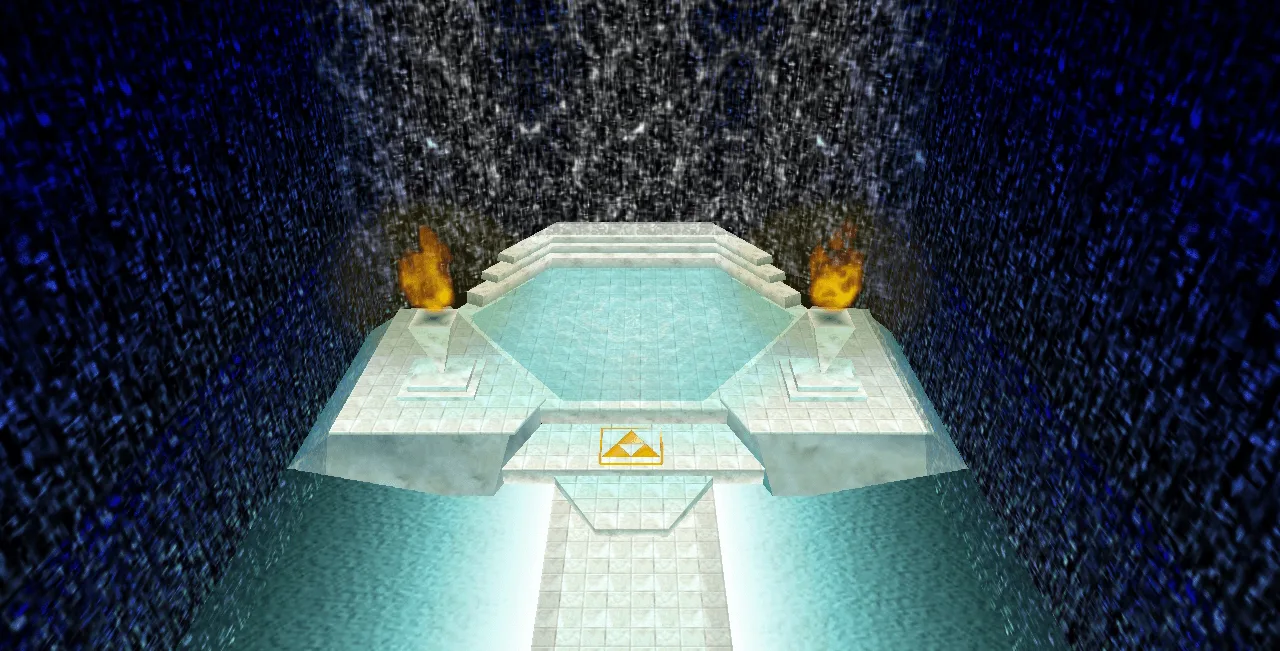 The interior of a Great Fairy Fountain in Ocarina of Time, showing the two lit torches, the pool, and the gold Triforce tile on the floor where Link plays Zelda's Lullaby.