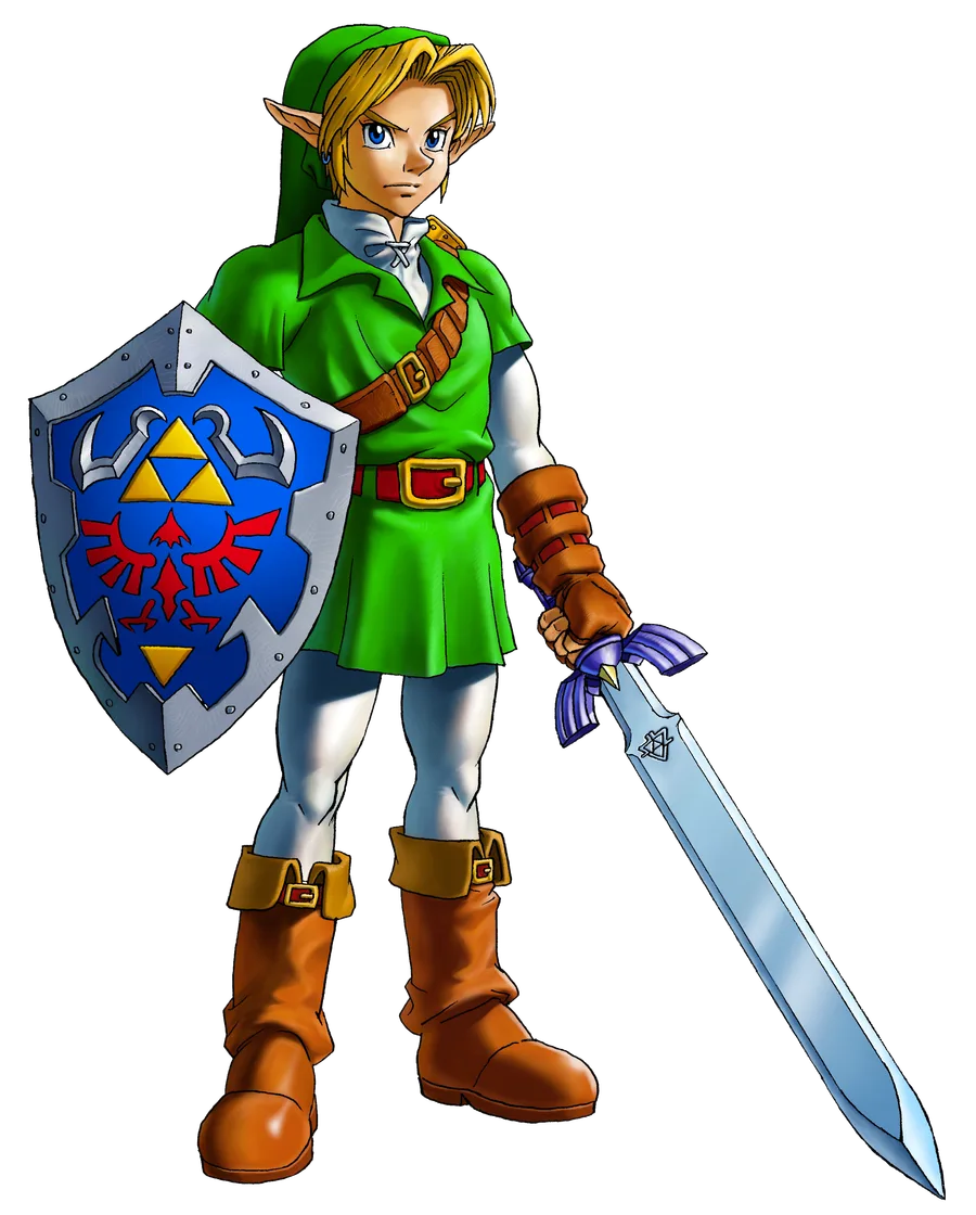 Official artwork of adult Link in his Hero of Time tunic from The Legend of Zelda: Ocarina of Time.