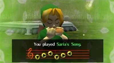 Link learning Saria's Song in the Sacred Forest Meadow on N64.