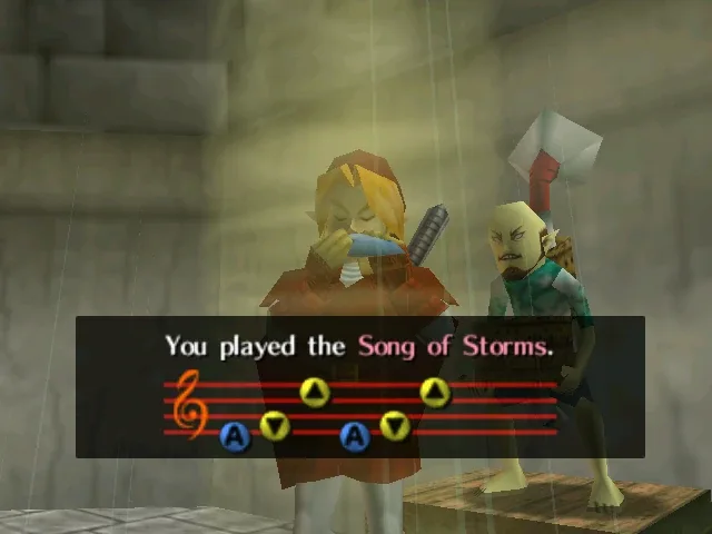 Link learning the Song of Storms from the Phonogram Man in the Kakariko Windmill.