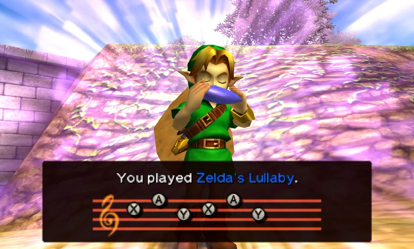 Link playing Zelda's Lullaby on the ocarina in Ocarina of Time 3D, the remade 3DS version of the game.