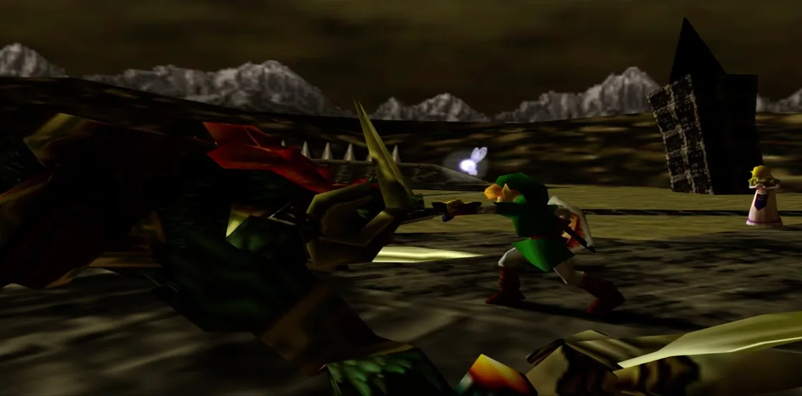 Adult Link driving the Master Sword into Ganon in the Nintendo 64 Ocarina of Time finale, with Navi glowing above him and Princess Zelda watching from the right edge of the ruined arena.
