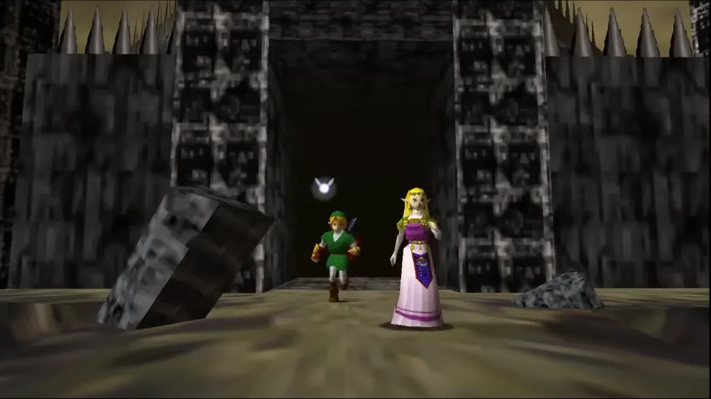 Adult Link and Princess Zelda running out of a doorway during the escape from collapsing Ganon's Tower in the Nintendo 64 Ocarina of Time, with Navi glowing over Link and broken masonry on the ground.