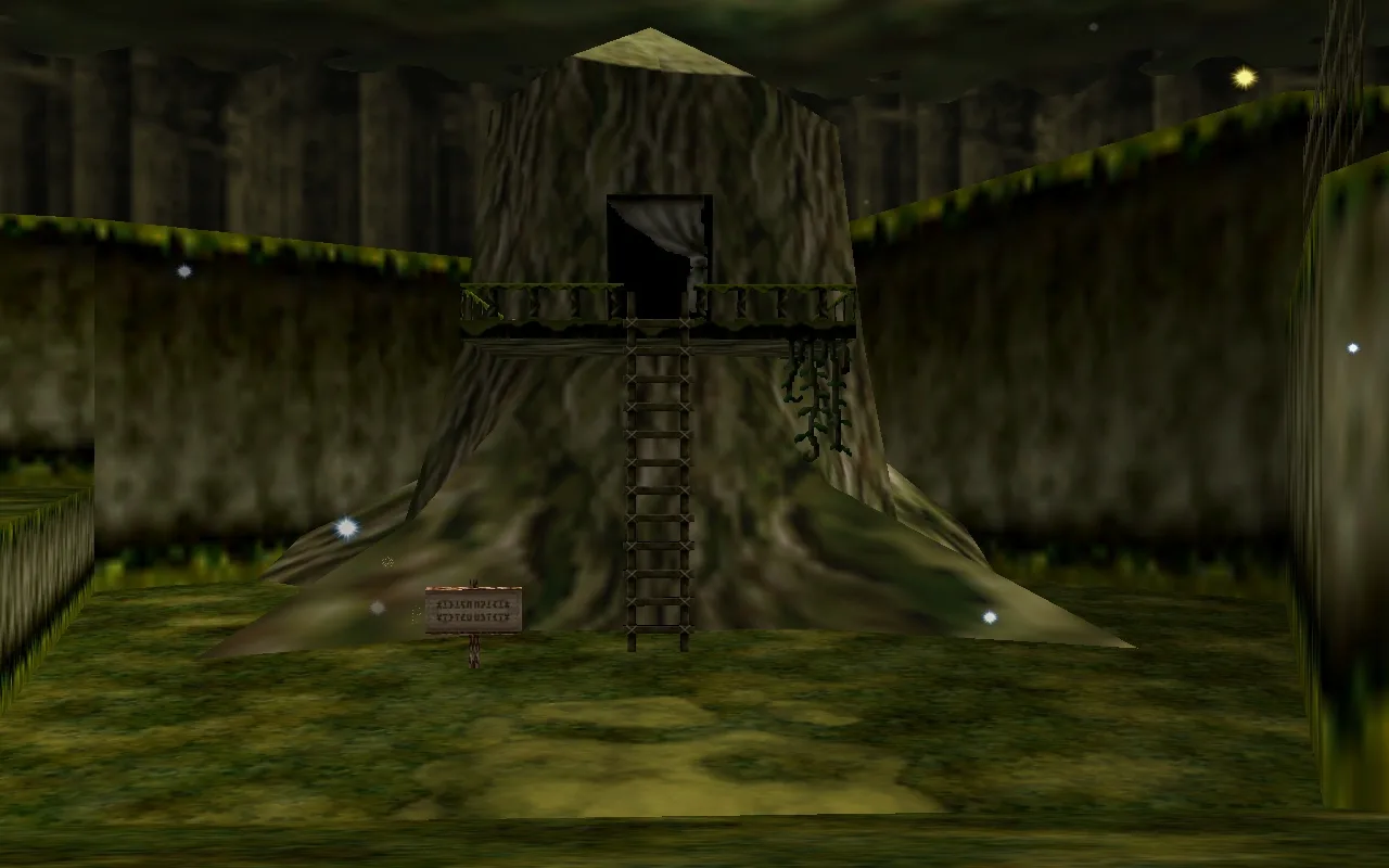 Link's treehouse in Kokiri Forest in the Nintendo 64 Ocarina of Time: a wooden ladder up the trunk to a doorway and railed balcony, with a wooden sign in the grass at the foot of the tree.