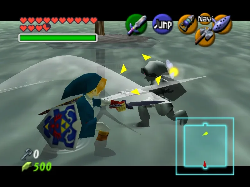 Dark Link waiting on the water in the illusion room of the Water Temple.