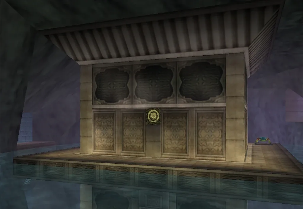 The Ocarina of Time Water Temple as it appears on Nintendo 64, showing the flooded central chamber and its tall middle pillar.
