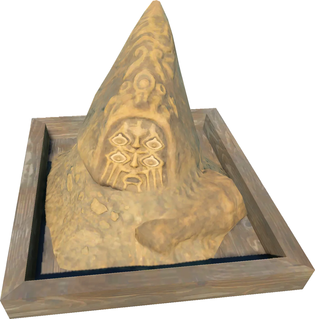 A Bargainer Statue in Tears of the Kingdom, a cone-shaped sandstone idol with a four-eyed face carved into its front, sunk into a square wooden frame in the ground.