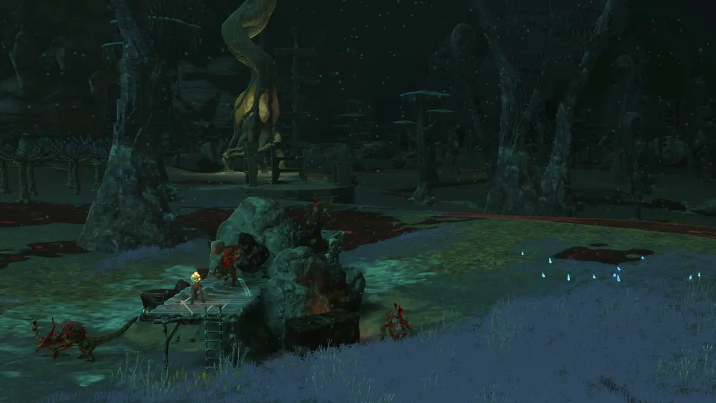 Link standing on a wooden platform in the Depths of Tears of the Kingdom, lit only by a torch, with red gloom-wreathed monsters closing in, blue Poe wisps drifting to the right and huge pale dead trees behind.