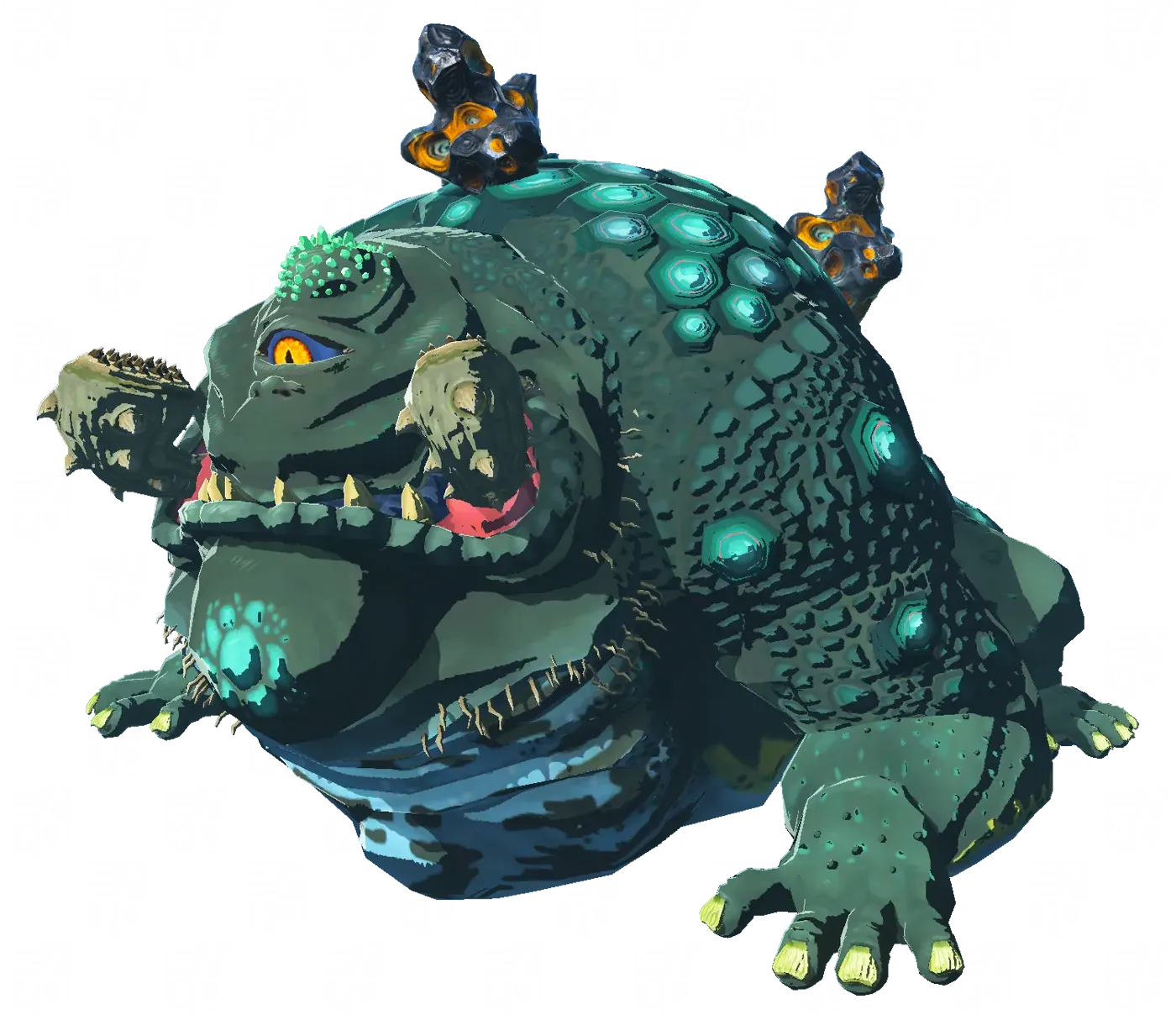 The Frox from Tears of the Kingdom, an enormous green frog-like monster with a single orange eye, curved tusks and glowing teal Zonaite deposits growing out of its back.