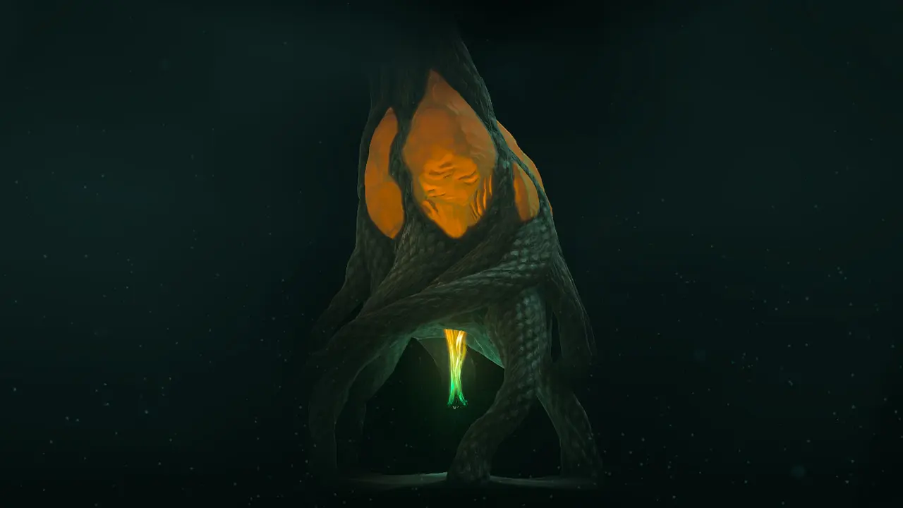 An unactivated Lightroot in the Depths of Tears of the Kingdom, a huge twisted root formation with a glowing orange bulb at the top and a small green light burning at its base.