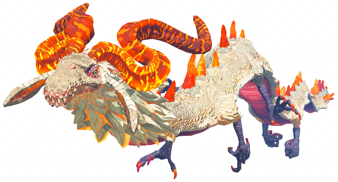 Dinraal, the red fire dragon of Tears of the Kingdom, rendered in full profile with flame trailing from her mane, horns and the row of spikes along her back.