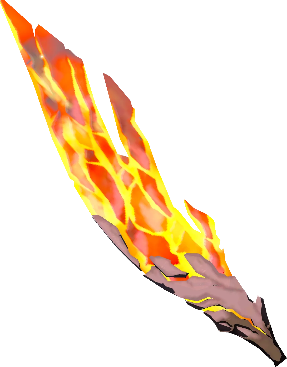 The in-game model of Dinraal's Horn from Tears of the Kingdom, a long blade-shaped horn glowing red at its core.
