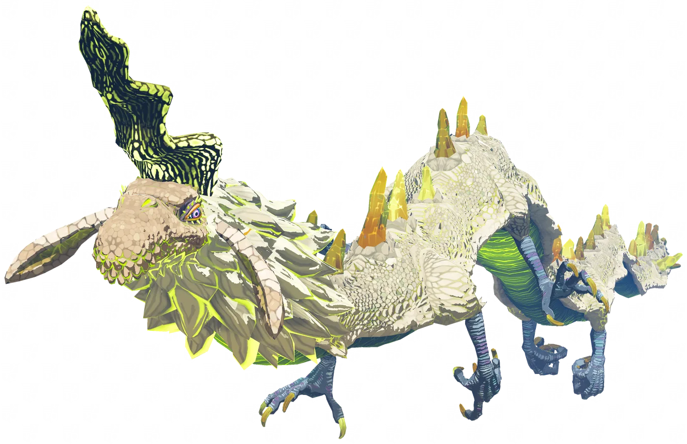 Farosh, the golden shock dragon of Tears of the Kingdom, shown in full with her electric-yellow crest, spikes and horns.