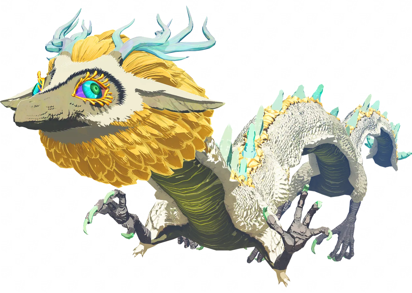 The Light Dragon of Tears of the Kingdom in full profile, a pale serpentine dragon with a golden mane, branching antler-like horns and pale green spikes along her back.