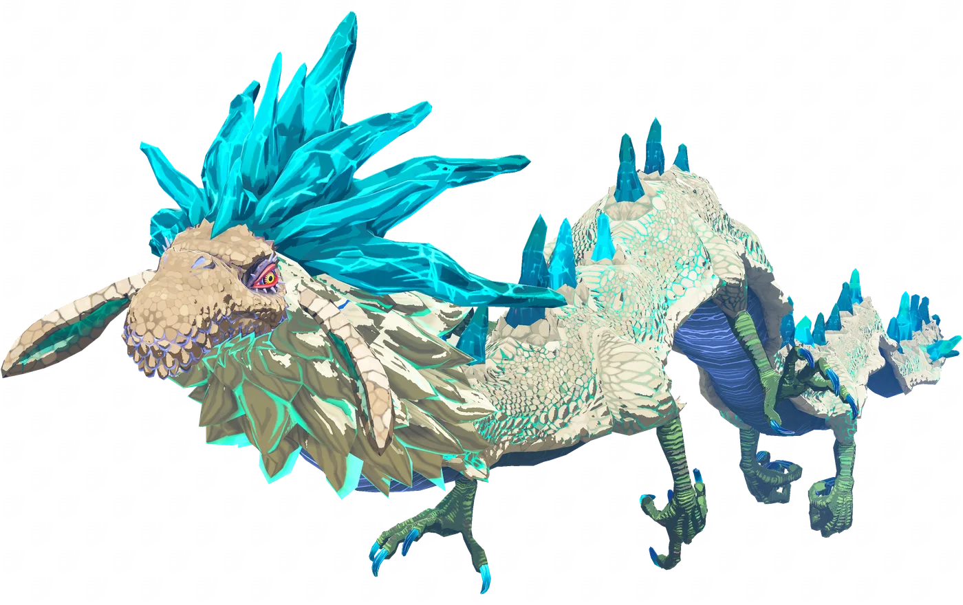 Naydra, the blue ice dragon of Tears of the Kingdom, shown in full with frost trailing along her body and the crystalline spikes lining her back.
