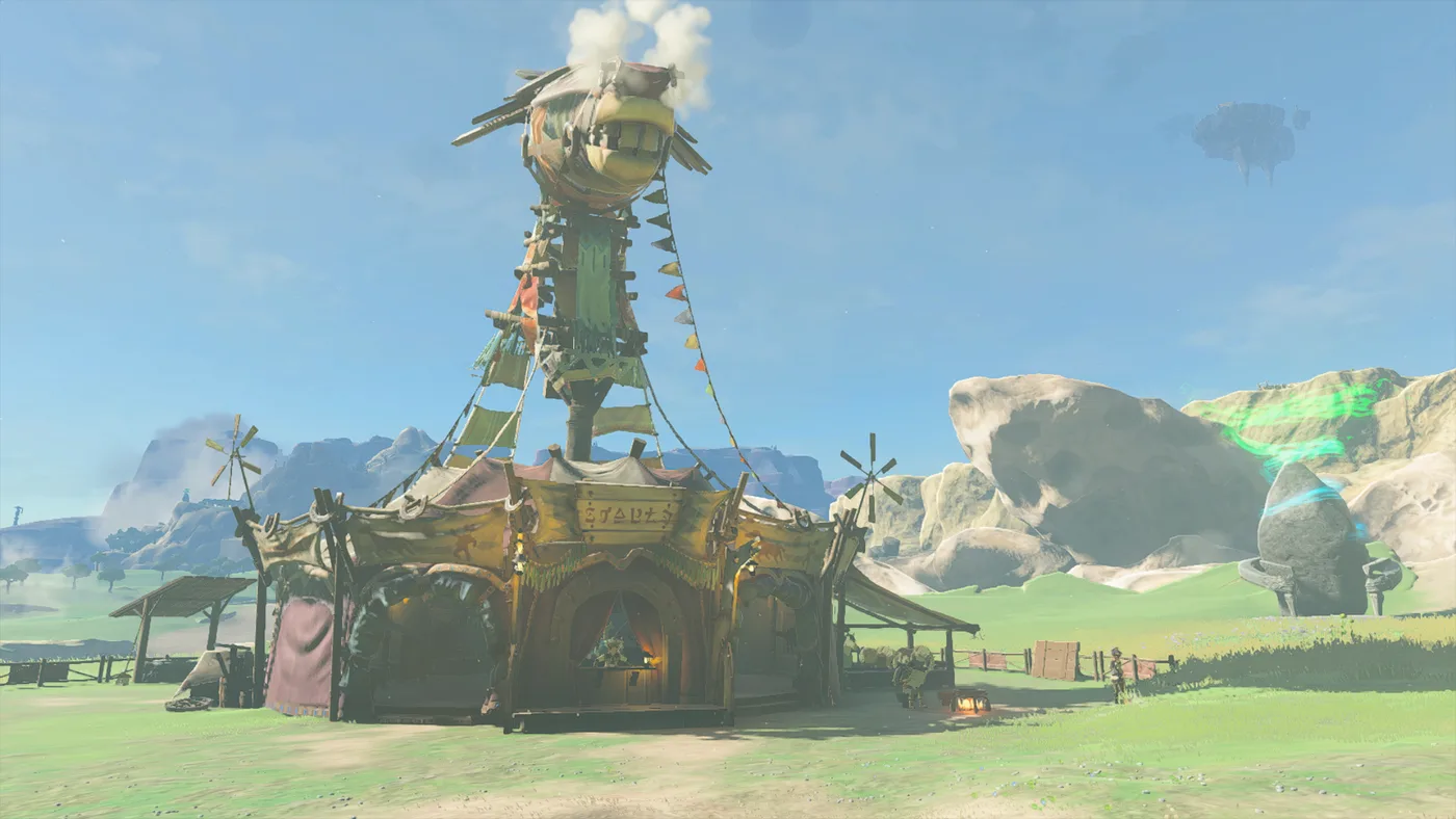 New Serenne Stable in Tears of the Kingdom, the horse-head-roofed stable building on North Hyrule Plain with horses penned outside.