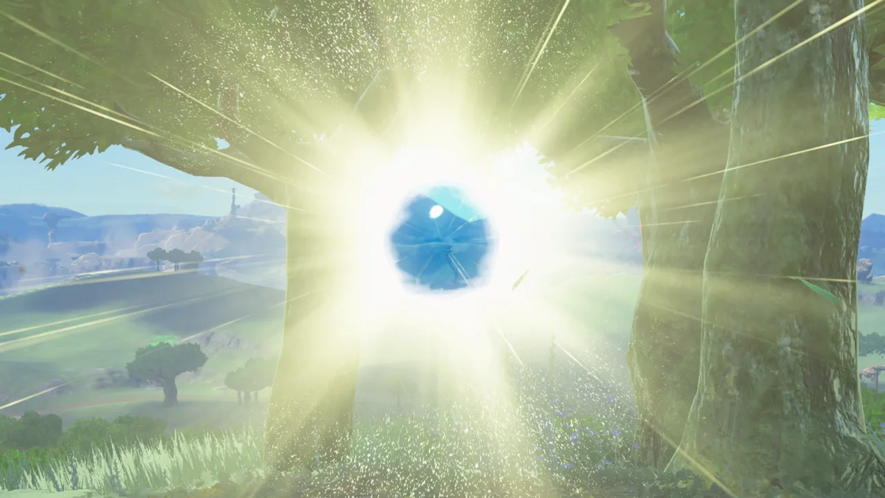 A Dragon's Tear glowing between trees in Tears of the Kingdom, moments before it plays one of Zelda's memories.