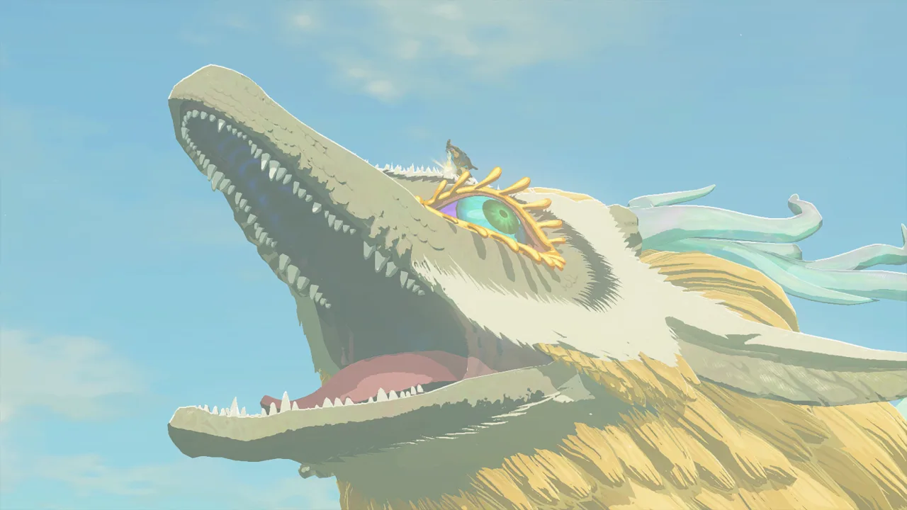 Link standing on the Light Dragon's head beside her eye as she roars and flies erratically in Tears of the Kingdom.