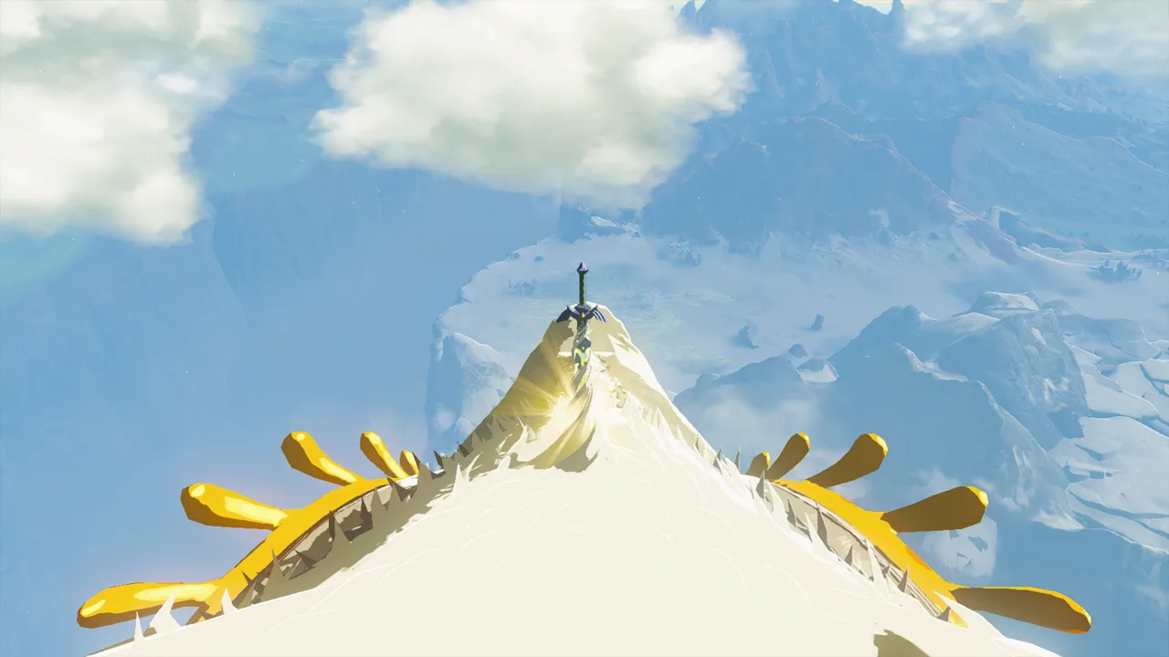 The Master Sword embedded in the Light Dragon's head in Tears of the Kingdom, seen from atop the dragon's snout with her golden mane spikes on either side and Hyrule far below.