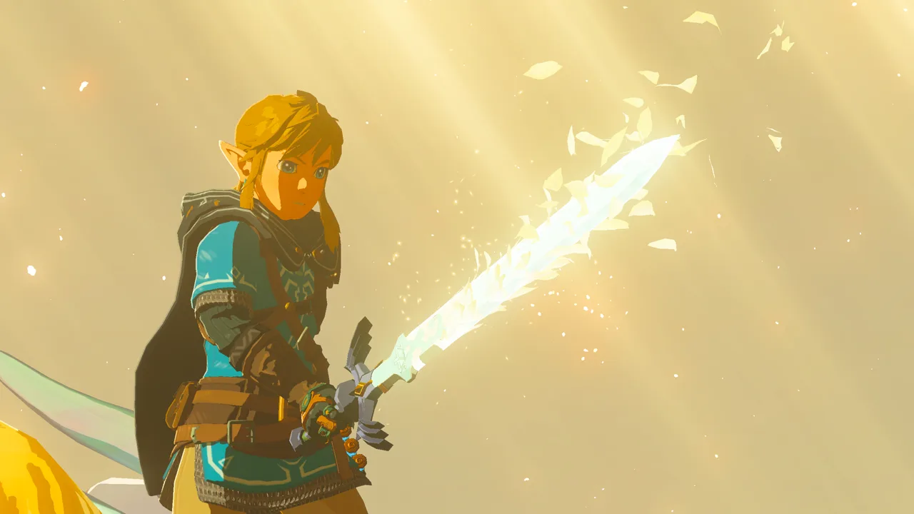 Link holding the fully restored Master Sword in golden light after pulling it from the Light Dragon in Tears of the Kingdom.