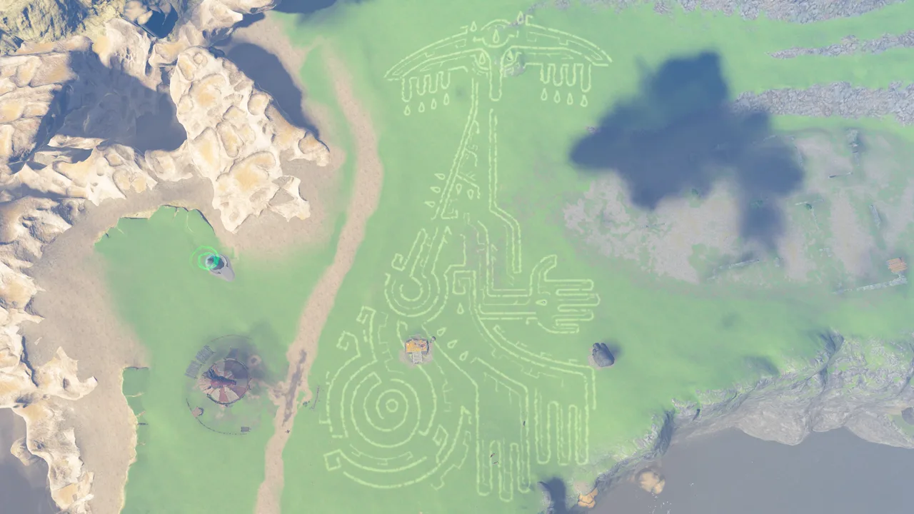 The Rauru geoglyph drawn across North Hyrule Plain in Tears of the Kingdom, the first of the eleven giant pictures Link investigates from Impa's hot-air balloon.