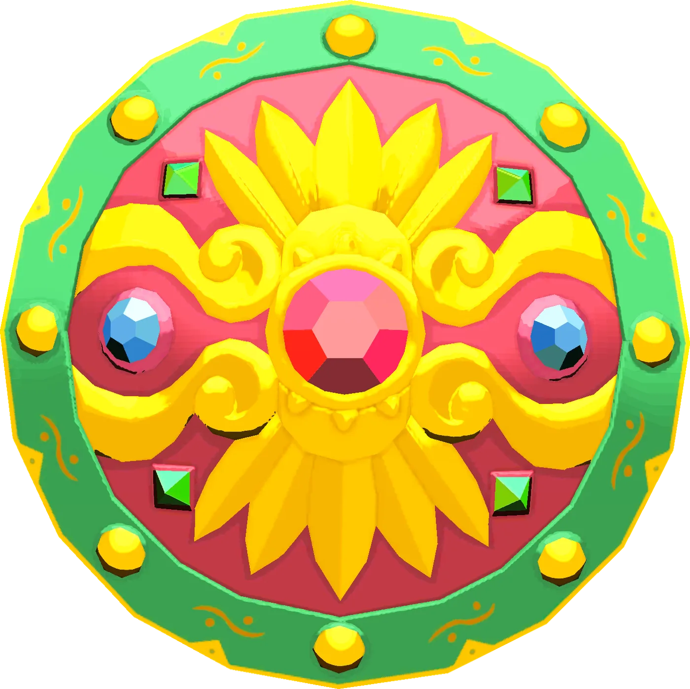 The Daybreaker model from Tears of the Kingdom, a golden ornate Gerudo shield with a stylized sun motif.