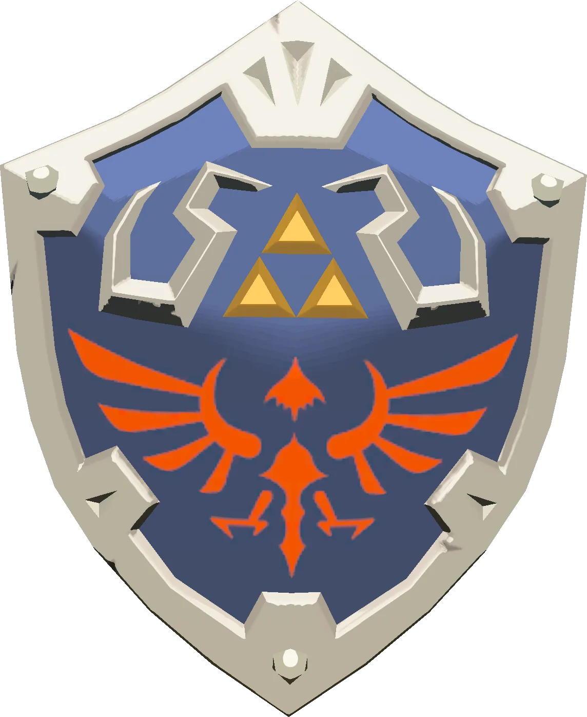 The Hylian Shield model from Tears of the Kingdom, a rounded steel shield bearing the Triforce over a red Hylian Crest.